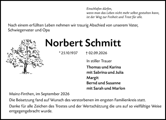 Traueranzeige von Norbert Schmitt von Allgemeine Zeitung Mainz