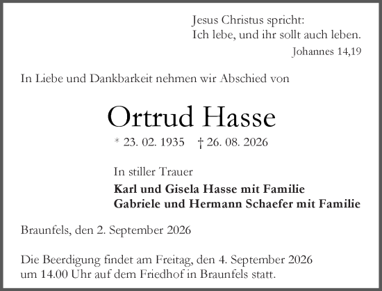 Traueranzeige von Ortrud Hasse von Wetzlarer Neue Zeitung