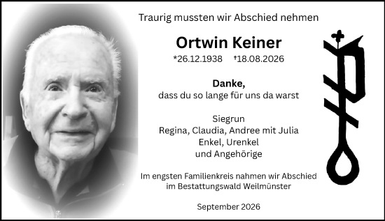 Traueranzeige von Ortwin Keiner von Weilburger Tageblatt