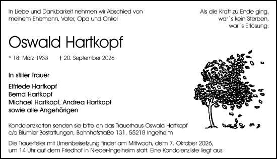 Traueranzeige von Oswald Hartkopf von Allgemeine Zeitung Rheinhessen-Nahe