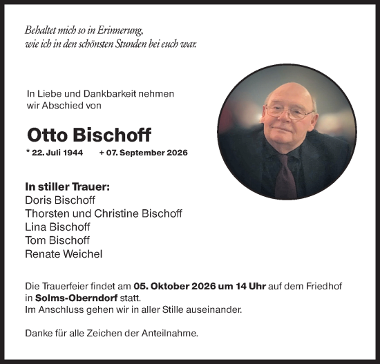 Traueranzeige von Otto Bischoff von Wetzlarer Neue Zeitung