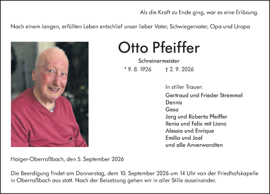 Traueranzeige von Otto Pfeiffer von Dill Block