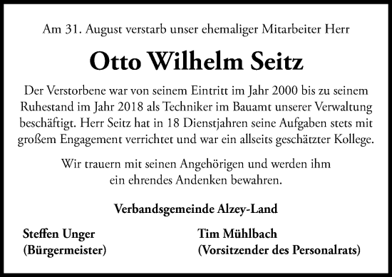 Traueranzeige von Otto Wilhelm Seitz von Allgemeine Zeitung Alzey