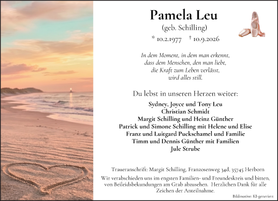 Traueranzeige von Pamela Leu von Dill Block