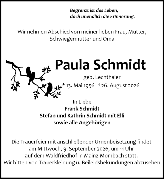 Traueranzeige von Paula Schmidt von Allgemeine Zeitung Mainz