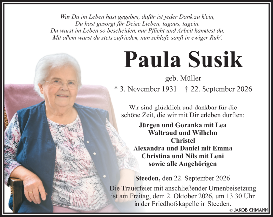 Traueranzeige von Paula Susik von Nassauische Neue Presse