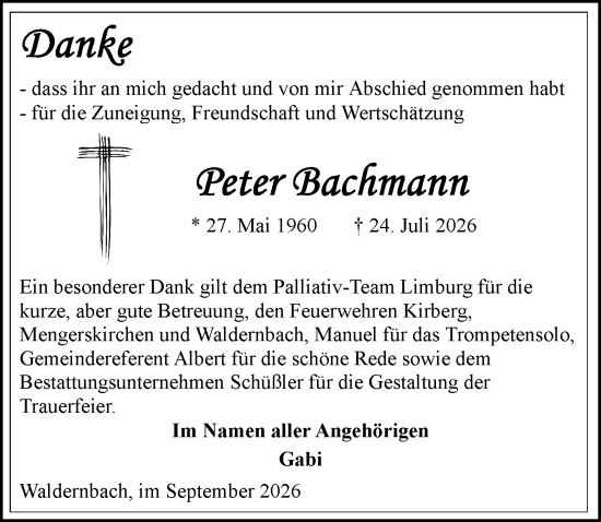Traueranzeige von Peter Bachmann von Weilburger Tageblatt