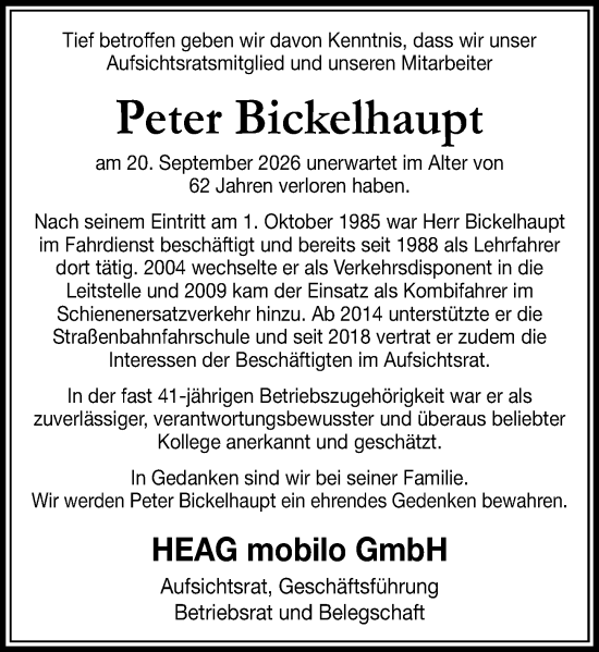 Traueranzeige von Peter Bickelhaupt von Darmstädter Echo