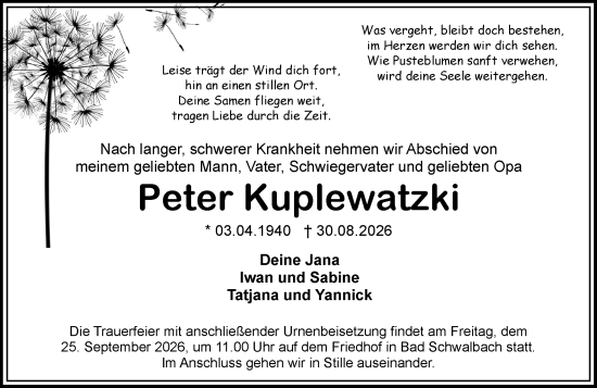Traueranzeige von Peter Kuplewatzki von Idsteiner Land/Untertaunus