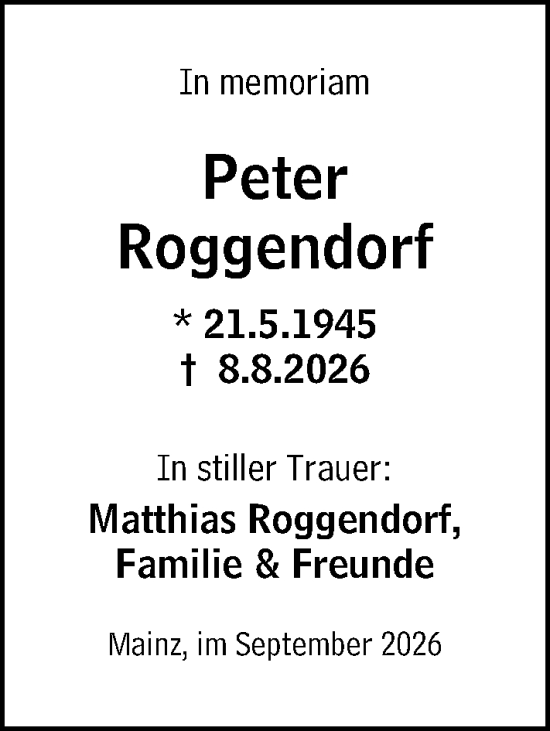 Traueranzeige von Peter Roggendorf von Allgemeine Zeitung Mainz