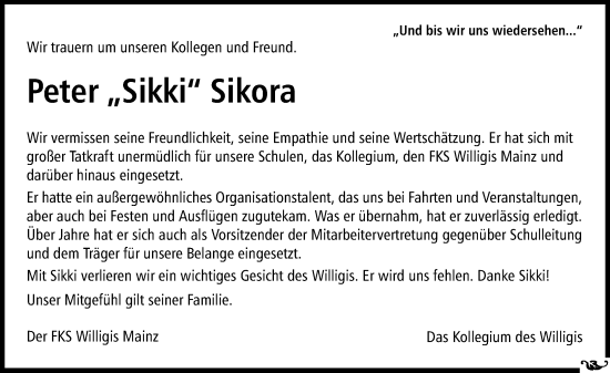 Traueranzeige von Peter Sikora von Allgemeine Zeitung Mainz