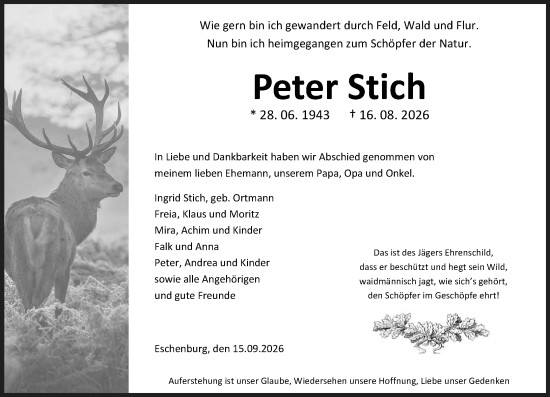 Traueranzeige von Peter Stich von Dill Block