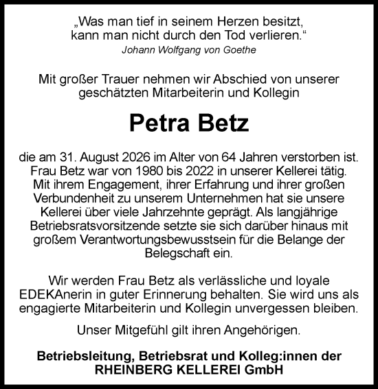 Traueranzeige von Petra Betz von Allgemeine Zeitung Rheinhessen-Nahe
