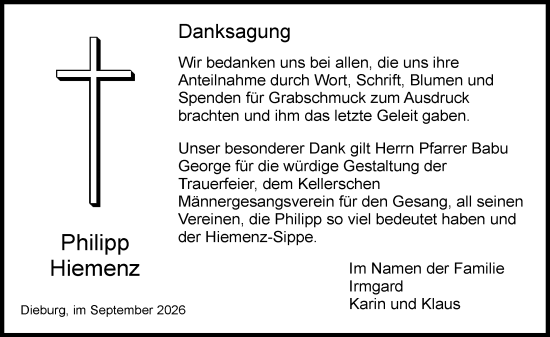 Traueranzeige von Philipp Hiemenz von Dieburger Anzeiger/Groß-Zimmerner Lokal-Anzeiger