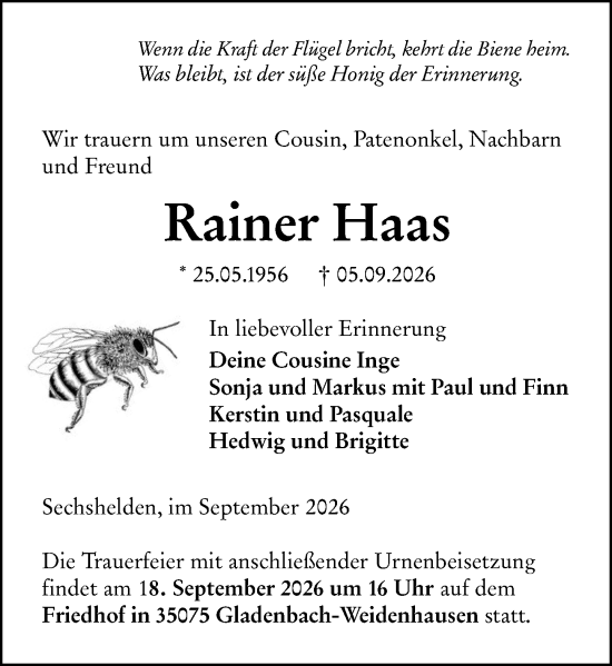 Traueranzeige von Rainer Haas von Dill Block