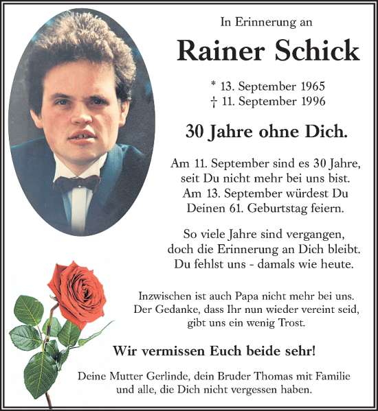 Traueranzeige von Rainer Schick von Rüsselsheimer Echo