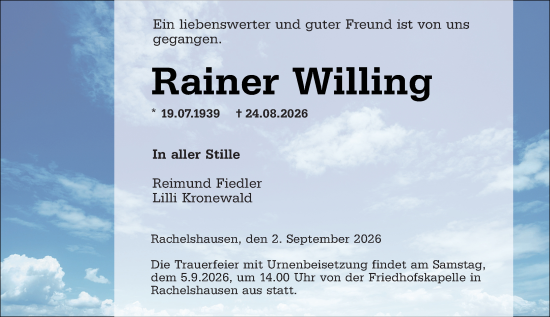 Traueranzeige von Rainer Willing von Hinterländer Anzeiger