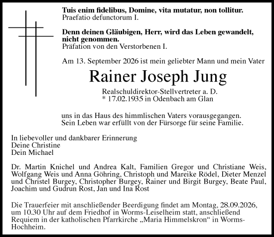 Traueranzeige von Rainer Joseph Jung von Wormser Zeitung