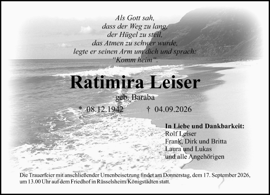 Traueranzeige von Ratimira Leiser von Rüsselsheimer Echo