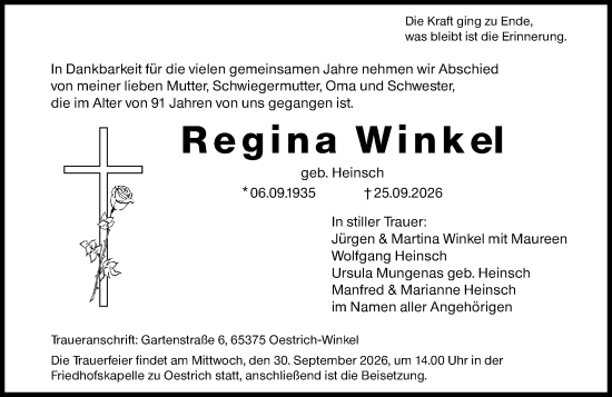 Traueranzeige von Regina Winkel von Rheingau Kurier