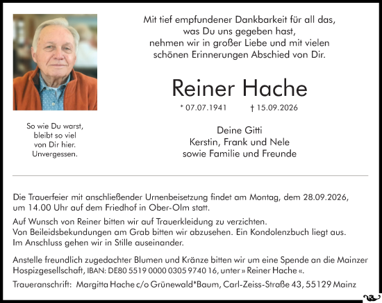 Traueranzeige von Reiner Hache von Allgemeine Zeitung Mainz