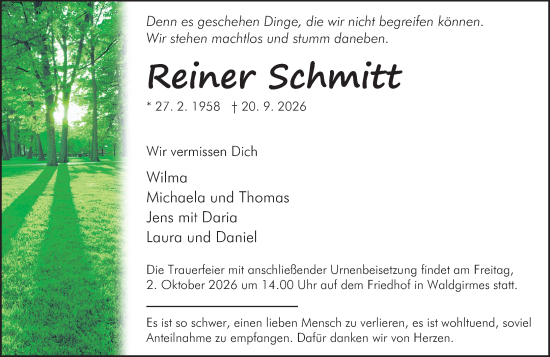 Traueranzeige von Reiner Schmitt von Wetzlarer Neue Zeitung