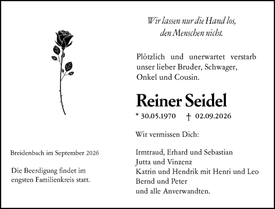 Traueranzeige von Reiner Seidel von Hinterländer Anzeiger