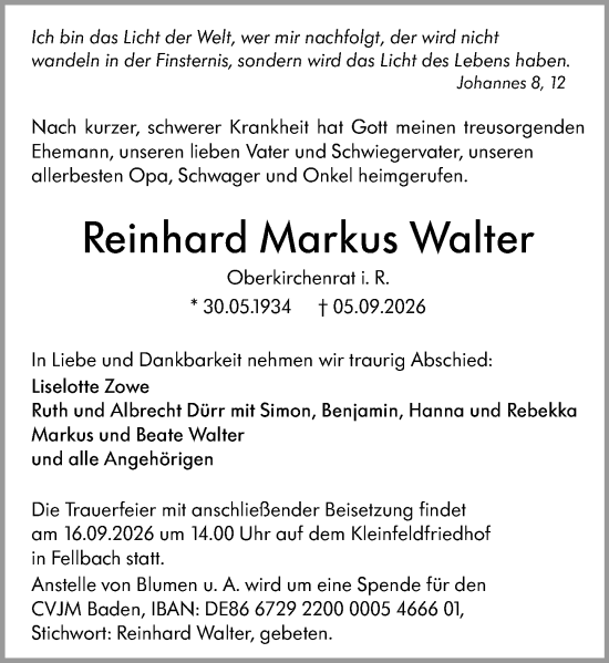 Traueranzeige von Reinhard Markus Walter von Darmstädter Echo