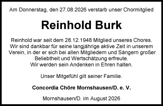 Traueranzeige von Reinhold Burk von Hinterländer Anzeiger