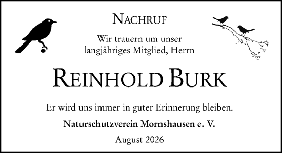 Traueranzeige von Reinhold Burk von Hinterländer Anzeiger