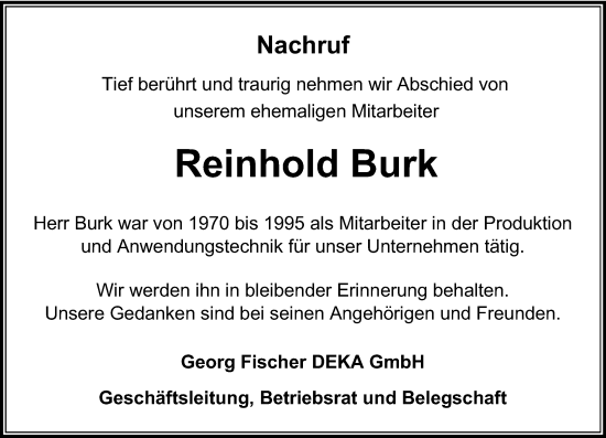 Traueranzeige von Reinhold Burk von Hinterländer Anzeiger