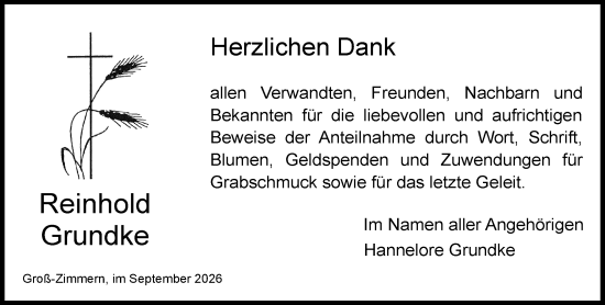 Traueranzeige von Reinhold Grundke von Dieburger Anzeiger/Groß-Zimmerner Lokal-Anzeiger