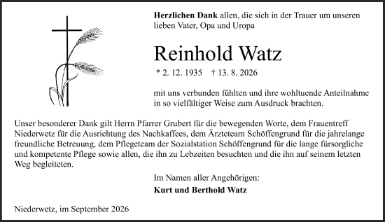 Traueranzeige von Reinhold Watz von Wetzlarer Neue Zeitung