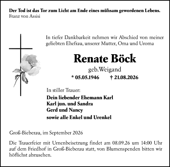 Traueranzeige von Renate Böck von Darmstädter Echo