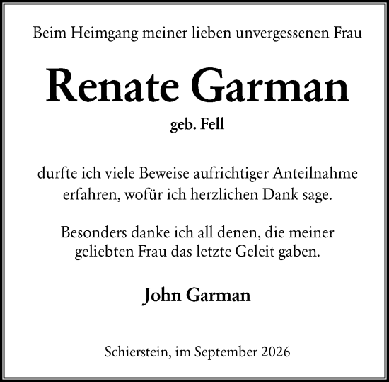 Traueranzeige von Renate Garman von Wiesbadener Kurier