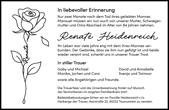 Traueranzeige von Renate Heidenreich von Idsteiner Land/Untertaunus