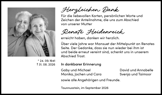 Traueranzeige von Renate Heidenreich von Idsteiner Land/Untertaunus