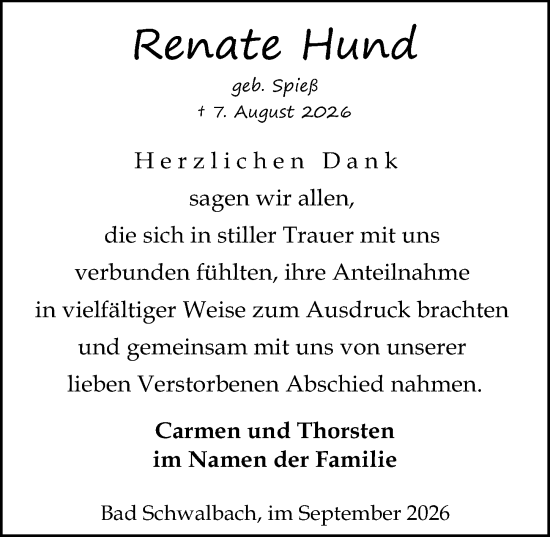 Traueranzeige von Renate Hund von Idsteiner Land/Untertaunus
