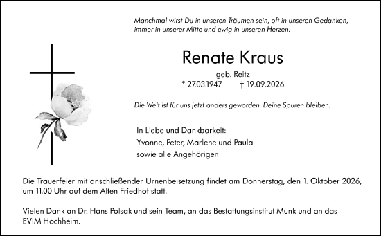 Traueranzeige von Renate Kraus von Hochheimer Zeitung