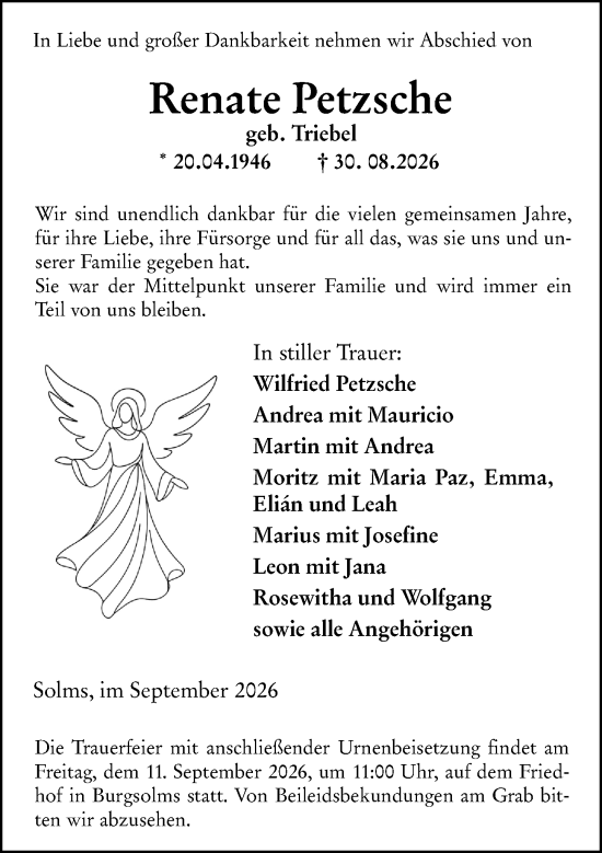 Traueranzeige von Renate Petzsche von Wetzlarer Neue Zeitung