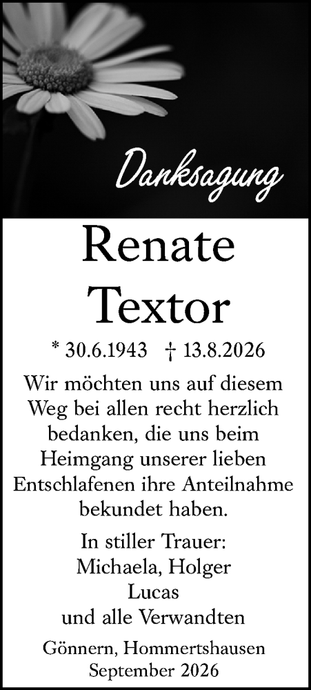 Traueranzeige von Renate Textor von Hinterländer Anzeiger