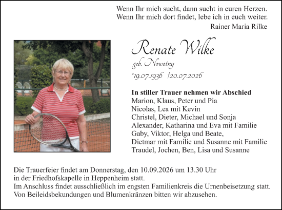 Traueranzeige von Renate Wilke von Starkenburger Echo