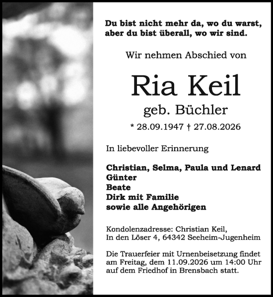 Traueranzeige von Ria Keil von Odenwälder Echo