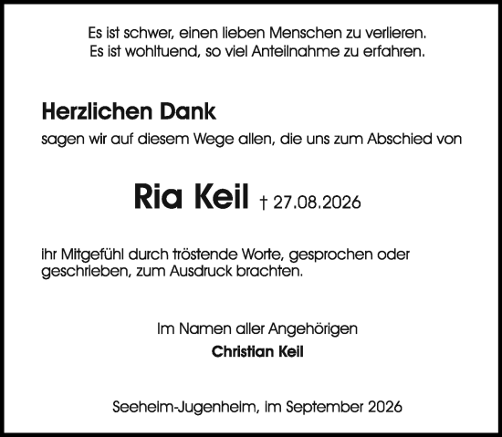 Traueranzeige von Ria Keil von Odenwälder Echo
