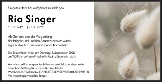 Traueranzeige von Ria Singer von Allgemeine Zeitung Mainz