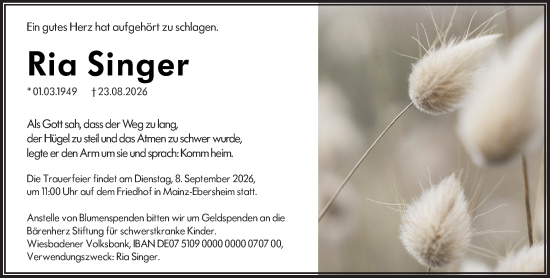 Traueranzeige von Ria Singer von Allgemeine Zeitung Mainz