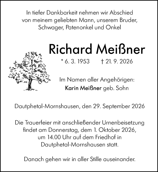 Traueranzeige von Richard Meißner von Hinterländer Anzeiger