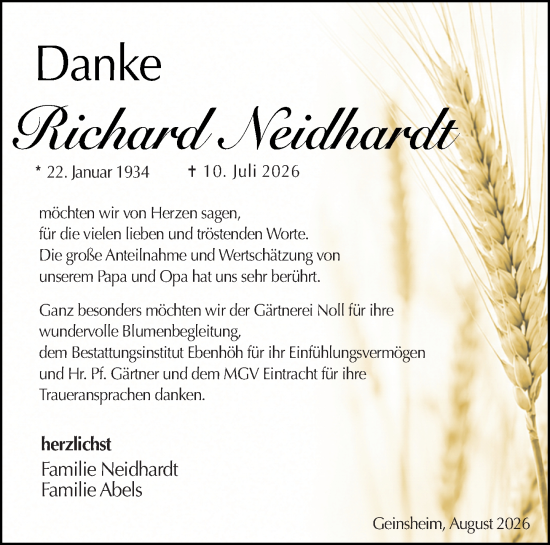 Traueranzeige von Richard Neidhardt von Groß-Gerauer Echo