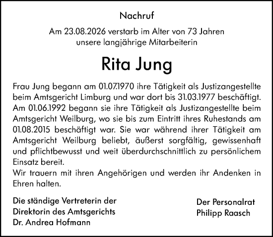 Traueranzeige von Rita Jung von Weilburger Tageblatt