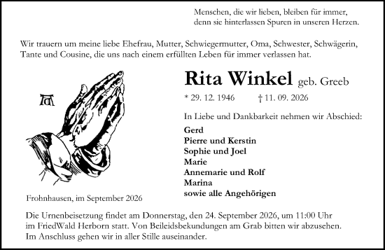 Traueranzeige von Rita Winkel von Dill Block